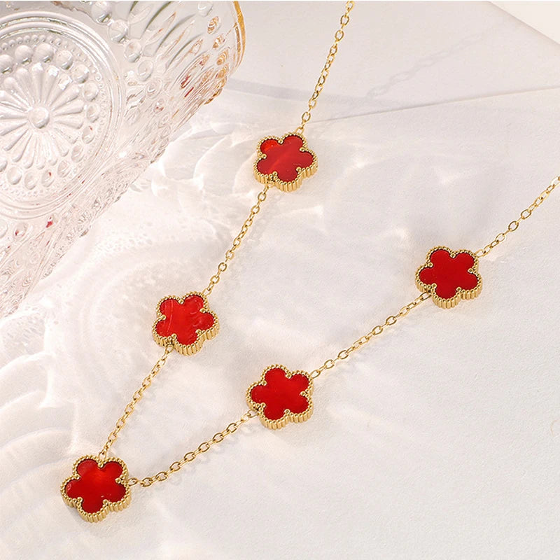 14K Gold Plated Stainless Steel Necklace Woman Five Leaf Petals Double Sided Necklaces for Women Pendant Flower Clover Jewelry