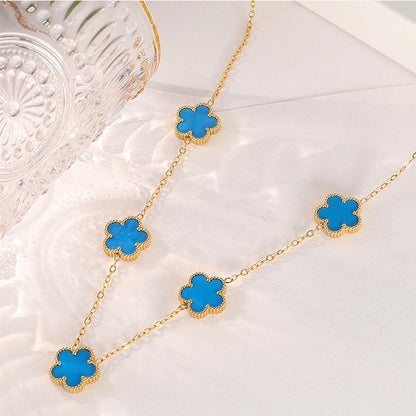 14K Gold Plated Stainless Steel Necklace Woman Five Leaf Petals Double Sided Necklaces for Women Pendant Flower Clover Jewelry