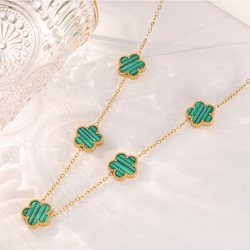 14K Gold Plated Stainless Steel Necklace Woman Five Leaf Petals Double Sided Necklaces for Women Pendant Flower Clover Jewelry