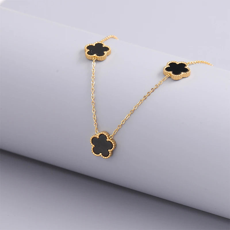 14K Gold Plated Stainless Steel Necklace Woman Five Leaf Petals Double Sided Necklaces for Women Pendant Flower Clover Jewelry