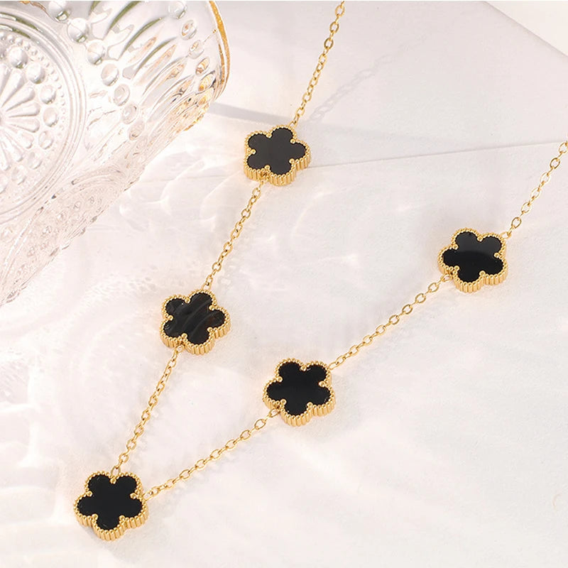 14K Gold Plated Stainless Steel Necklace Woman Five Leaf Petals Double Sided Necklaces for Women Pendant Flower Clover Jewelry