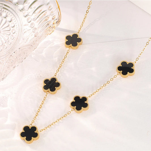 14K Gold Plated Stainless Steel Necklace Woman Five Leaf Petals Double Sided Necklaces for Women Pendant Flower Clover Jewelry